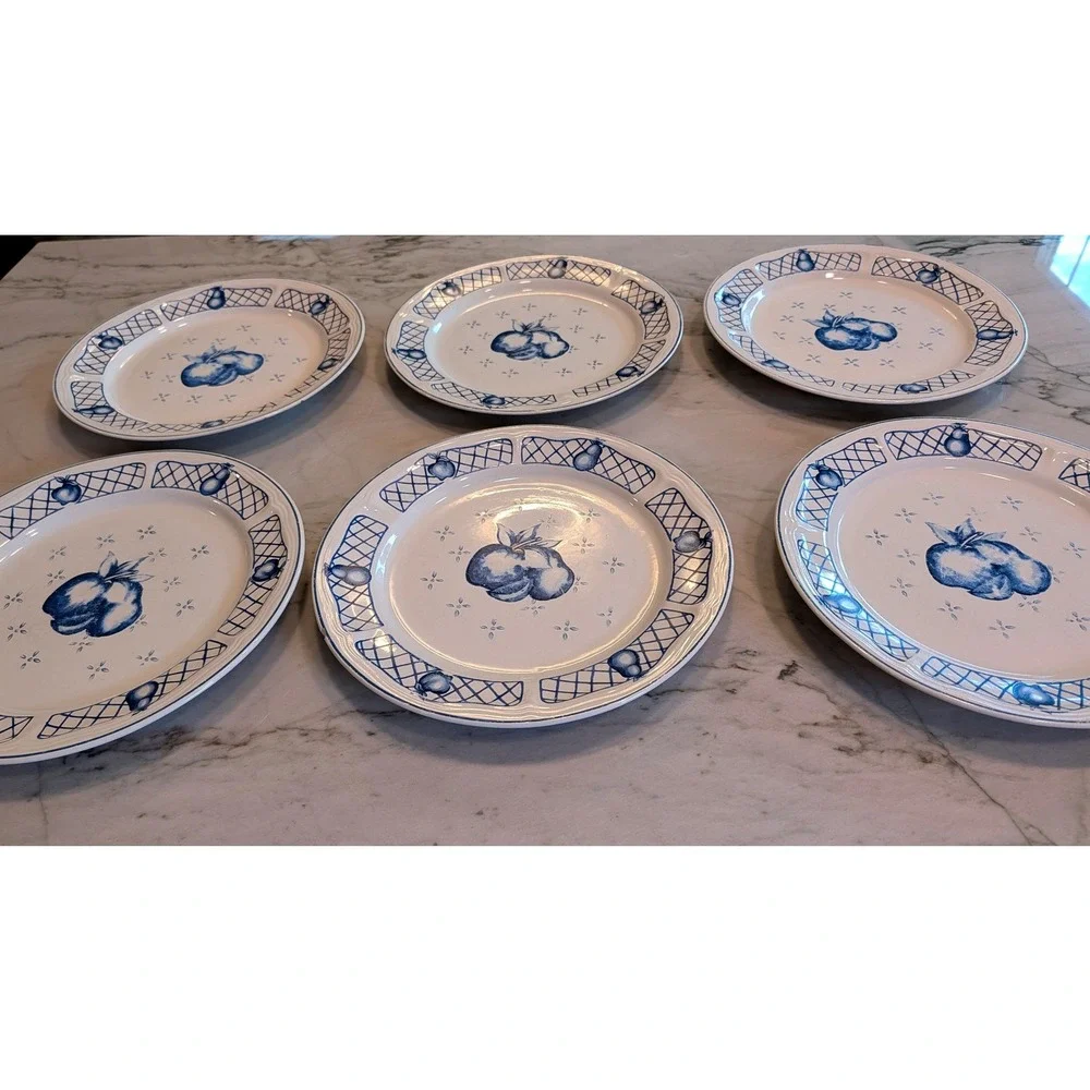 Set of 6 Newcor Cape Cod Dinner Plates Blue White Fruit Stoneware 1994 Vintage